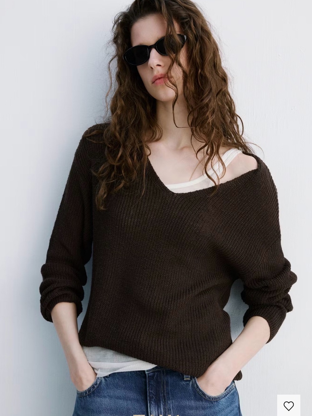 Mango V- NECK OPENWORK KNITTED SWEATER in Chocolate Brown